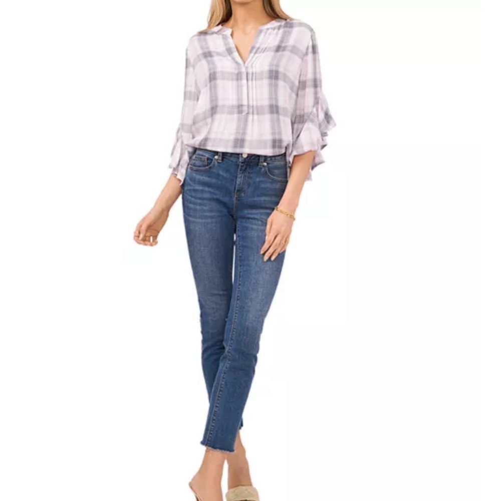 Vince Camuto Plaid Print Ruffle Sleeve Henley Top - Picture 3 of 5